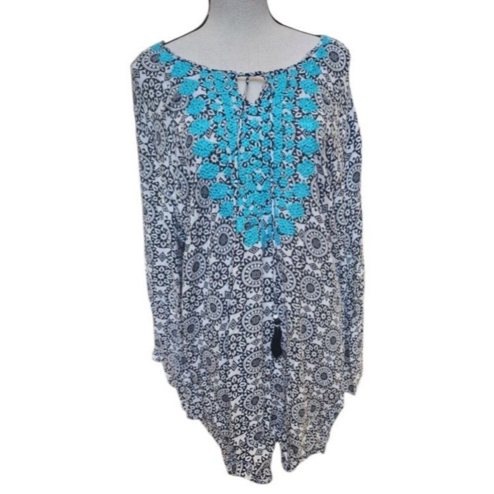 SR Fashion Embroidered Boho Peasant Blouse Size Plus 3X Tassel Ties